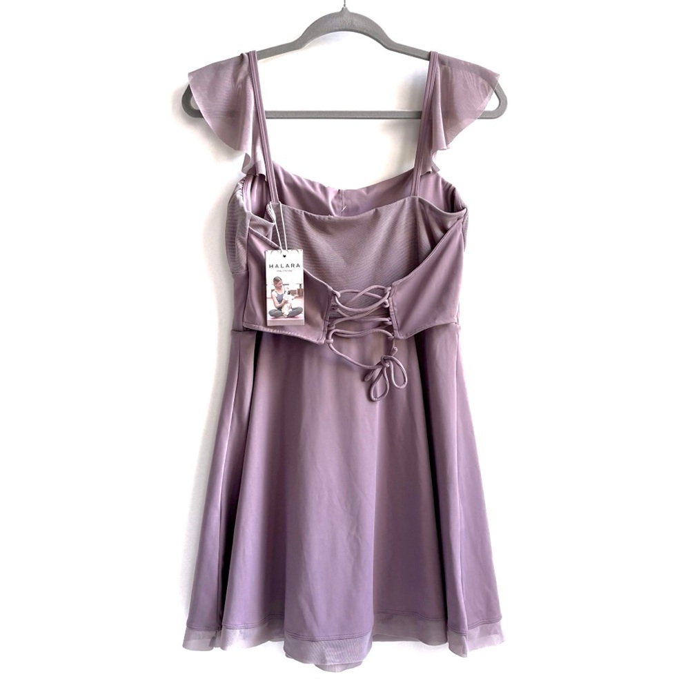 Halara Airy Softlyzero Ruffle Backless Lace Up Mesh Flare Mini Dress Elderberry - Picture 6 of 17